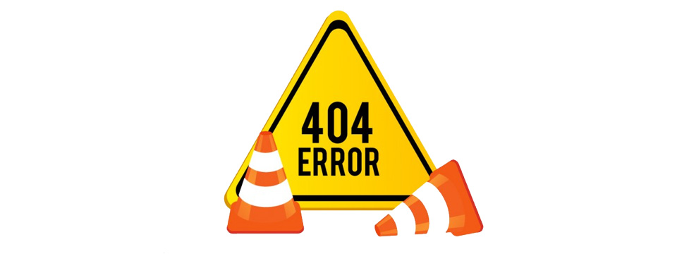 Yellow, triangular 404 error sign with two orange construction cones in front of it.