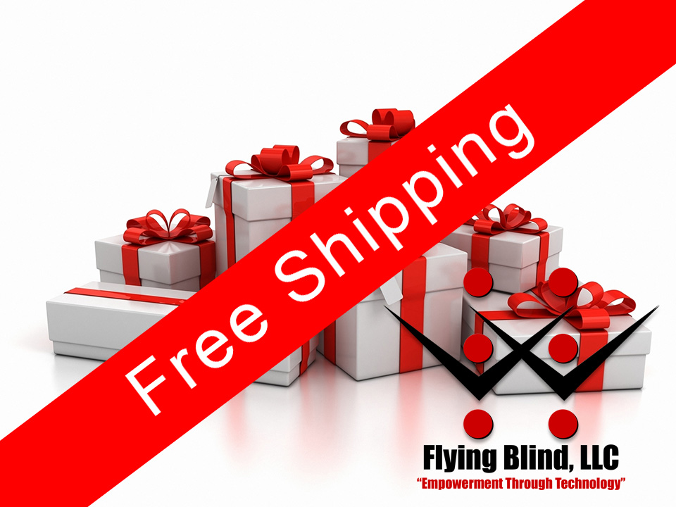 In the background, seven beautifully wrapped presents of different sizes each held together by a large red bow. Running diagonally across the front of these presents is a large red ribbon that reads 'Free Shipping'. In the lower right corner is the Flying Blind, LLC logo.