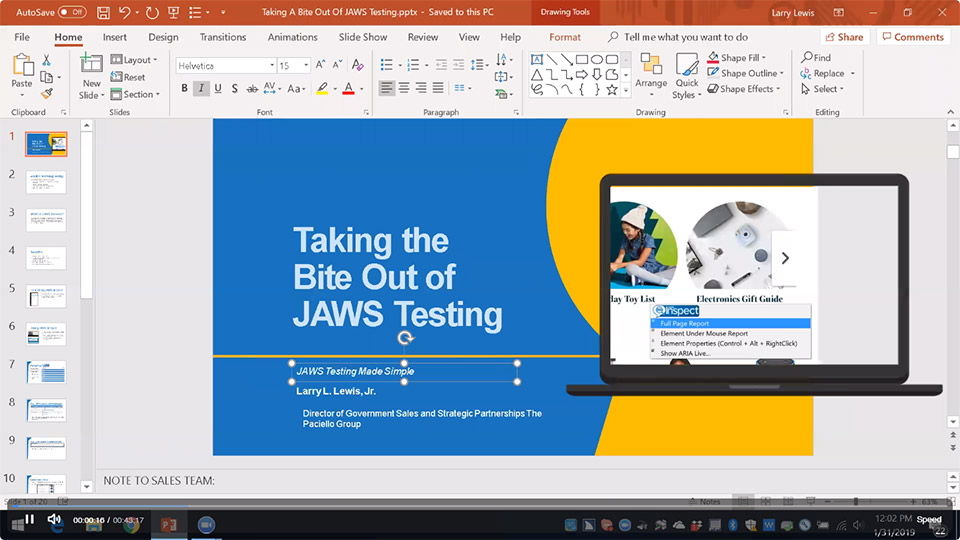 Screen shot of the recording of 'Taking The Bite Out of JAWS Testing' by Larry Lewis aired Thursday, January 31st 2019 at 12:00 PM Eastern Time (US & Canada).
