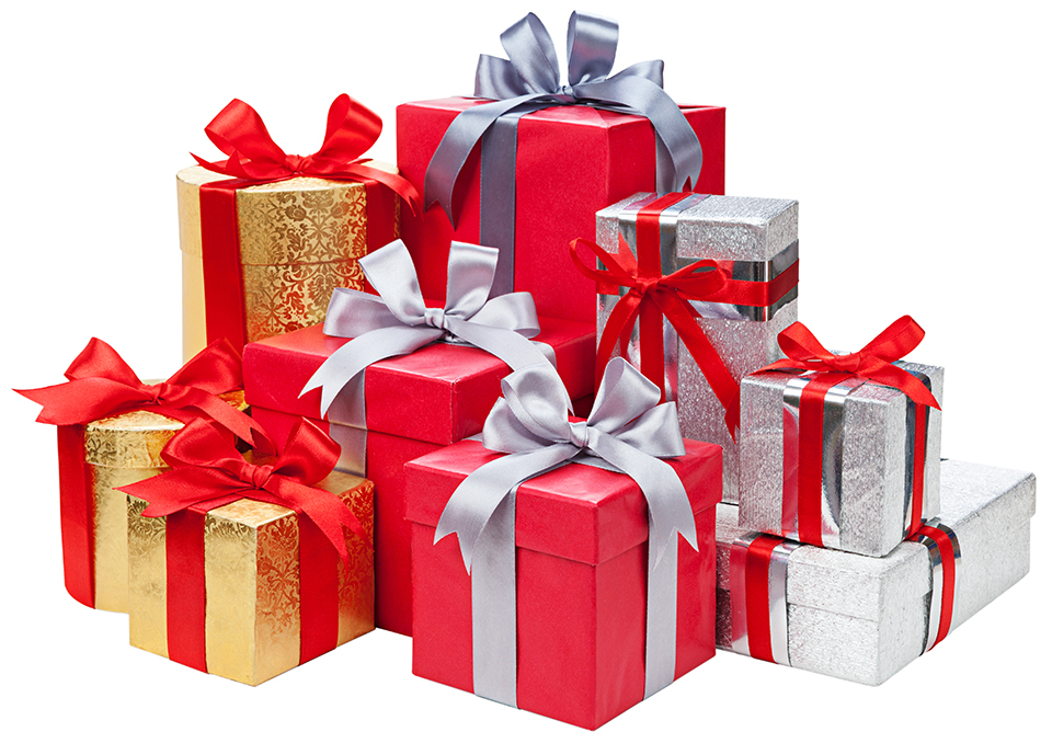 Photo of nine beautifully wrapped presents of different sizes in red, gold and silver. Each is held together by a large red or silver  bow.