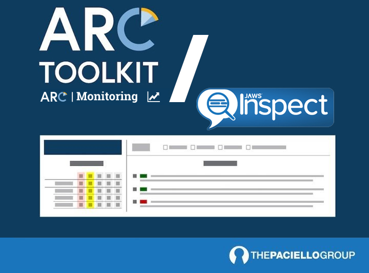 The ARC Toolkit and ARC Monitoring logos sit to the left of the Jaws Inspect Logo divided by a large white back slash. Below these logos is an illustration of the ARC/JI Testing Bundle dashboard.