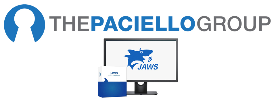 Image. The Paciello Group logo sits above a flat screen computer monitor displaying the JAWS logo (A talking shark.) Beside the monitor sits the JAWS software box.