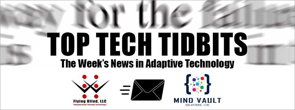 The Top Tech Tidbits Newsletter Header shows the Flying Blind, LLC logo on the left with an envelope moving between it and the Mind Vault Solutions, Ltd. logo on the right.