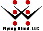 Flying Blind, LLC Logo. The black silhouettes of two birds, wings crossed in the center, sit between six red, individual dots which together form a complete braille cell. The company name, Flying Blind, LLC, rests below the image in bold black letters.