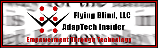 Flying Blind, LLC E-News Header. Includes Flying Blind, LLC Logo, Company Name, and Tagline, Empowerment Through Technology, all placed on a closeup of blurred black text within a newspaper that appears to be shooting toward you.