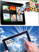 A split image photo with the top half of the photo showing an iPad spewing countless photos and documents from its interior and the bottom half showing a user connecting the Apple iPad to the sky. An allusion to to the new iCloud.