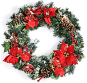 Beautiful wreath covered with snow and decorated with red Poinsettas and pine cones.