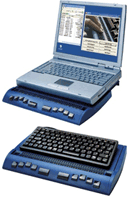 Two Photos of the Braillestar 40 Refreshable Braille Terminal. One with a Laptop docked within it and one with a desktop PC keyboard docked within it.