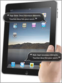 Photo of the Apple iPad with Voiceover call outs assisting its user with various tasks.