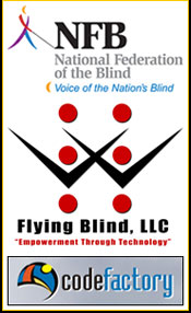 National Federation of the Blind Logo, Flying Blind, LLC Logo, and Code Factory Logo
