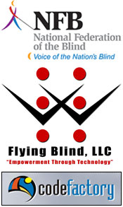 National Federation of the Blind Logo, Flying Blind, LLC Logo, and Code Factory Logo